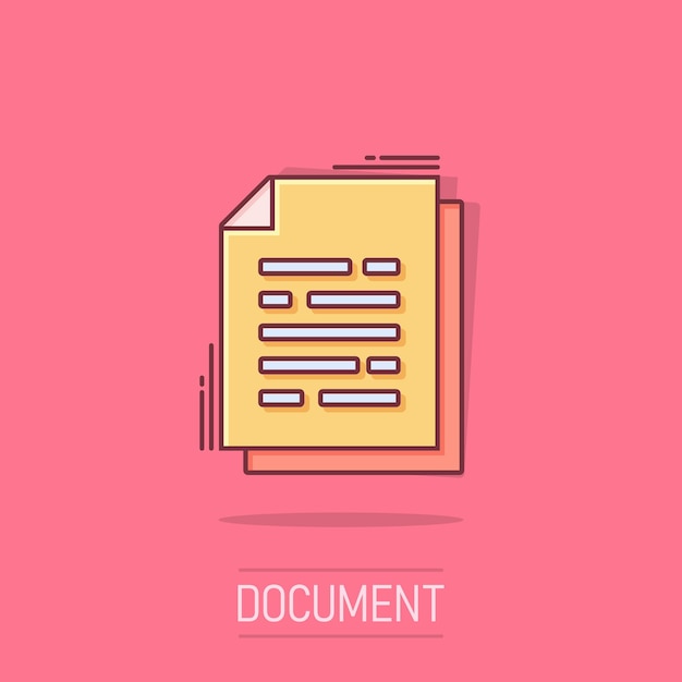 Icono de papel de documento de dibujos animados de vector en estilo cómico Pictograma de ilustración de concepto de hoja de términos Concepto de efecto de salpicadura de negocio de análisis de documentos