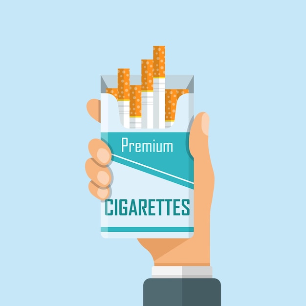 Icono de un paquete de cigarrillos en la mano en estilo plano Ilustración vectorial de fumar en un fondo aislado Concepto de negocio de carteles de cajas de tabaco