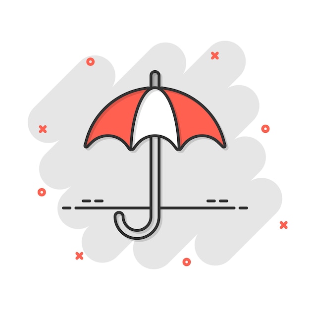 Icono de paraguas en estilo cómic Ilustración de dibujos animados de vector de sombrilla sobre fondo blanco aislado Efecto de salpicadura de concepto de negocio de Umbel