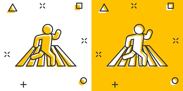 Icono de paso de peatones en estilo cómico Personas pasarela dibujos animados signo vector ilustración sobre fondo blanco aislado Concepto de negocio de efecto de salpicadura de navegación