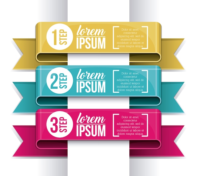Icono de pasos y cintas. Tema de información y opciones de datos de infografía. Diseño colorido Vector illu