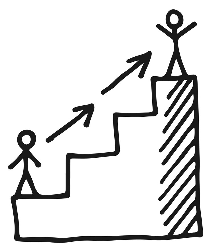 Vector icono de pasos de progreso persona en boceto de garabato de escaleras