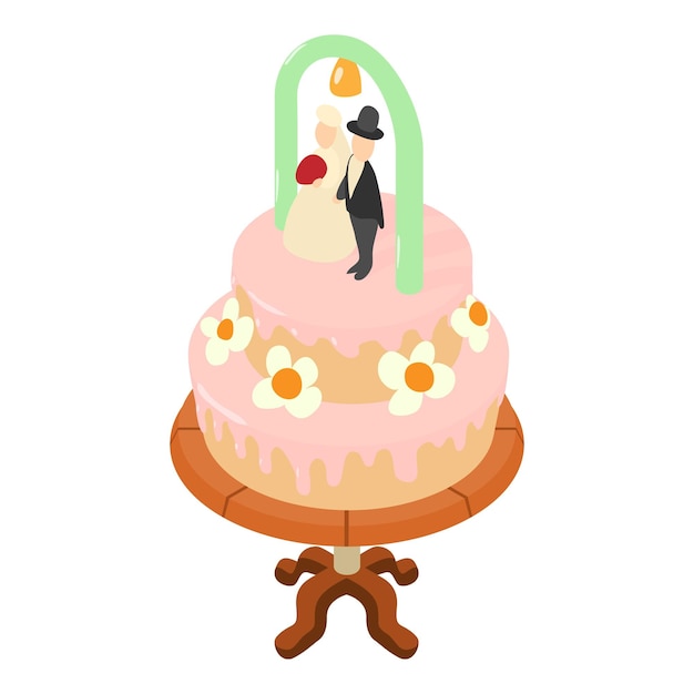 Icono de pastel de boda vector isométrico pastel de dos niveles con la estatuilla de la novia y el novio evento de postre de boda