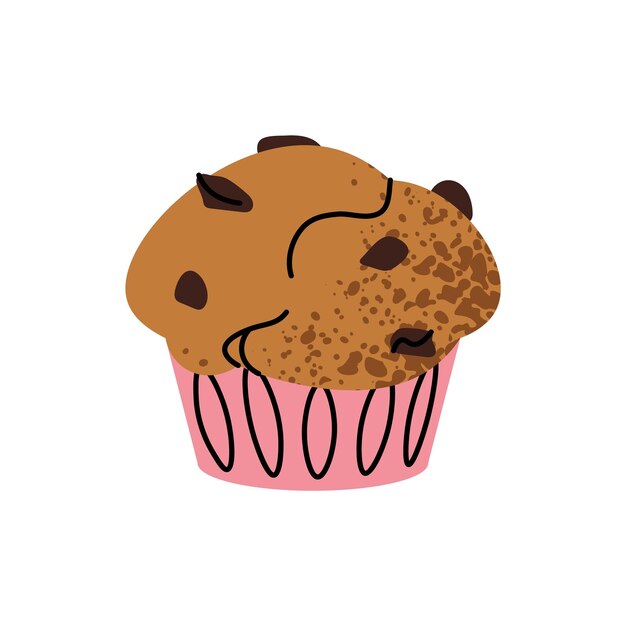Icono de pastel de chocolate con chip Vector de panados sabrosos muffin de bocadillo dulce nutritivo almuerzo o desayuno postre Ilustración de dibujos animados plana aislada sobre fondo blanco