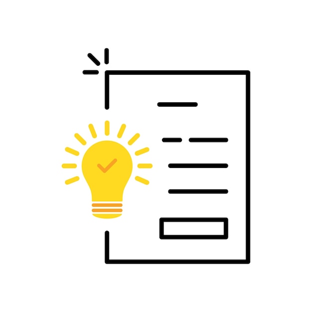 Icono de patente con documento con esquema de bombilla amarilla diseño de trazo de logotipo de organización moderna simple aislado en blanco concepto de signo de flujo de trabajo tecnológico o documento de desarrollo con información
