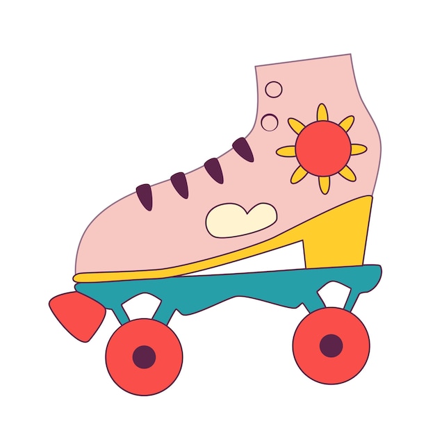 Vector icono de patines retro estampado con sol y nubes zapatos rosas vintage en estilo psicodélico de 1970