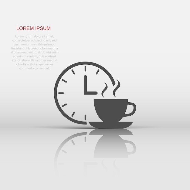 Icono de pausa para el café en estilo plano Reloj con ilustración vectorial de taza de té en fondo blanco aislado Concepto de negocio de la hora del desayuno
