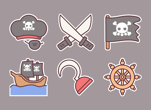 Icono y pegatinas de ilustración de colección de piratas vectoriales