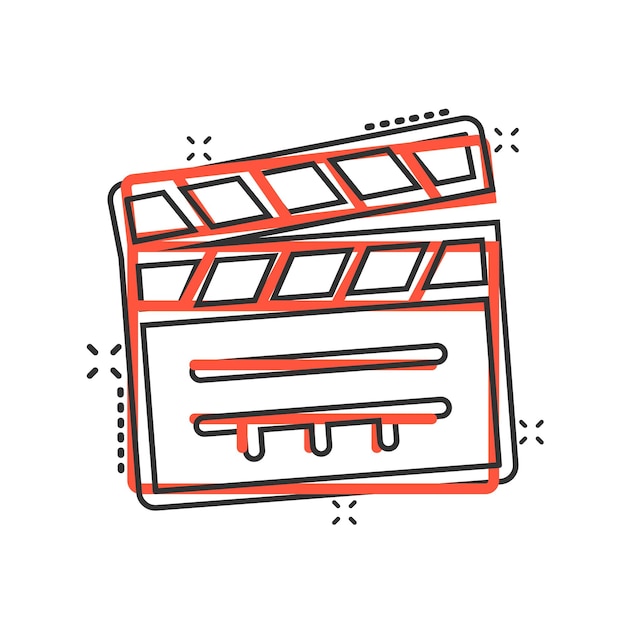 Icono de película en estilo cómico Ilustración vectorial de dibujos animados de película en fondo blanco aislado Clapper video efecto salpicaduras concepto de negocio