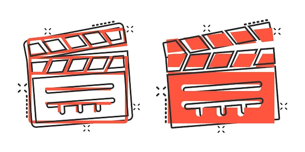 Icono de película en estilo cómico Ilustración vectorial de dibujos animados de película en fondo blanco aislado Clapper video efecto salpicaduras concepto de negocio