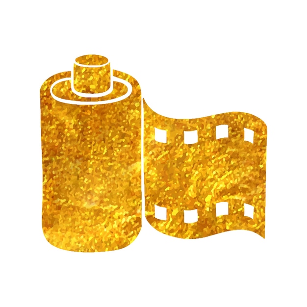 Icono de película fotográfica dibujada a mano en la ilustración de vector de textura de hoja de oro