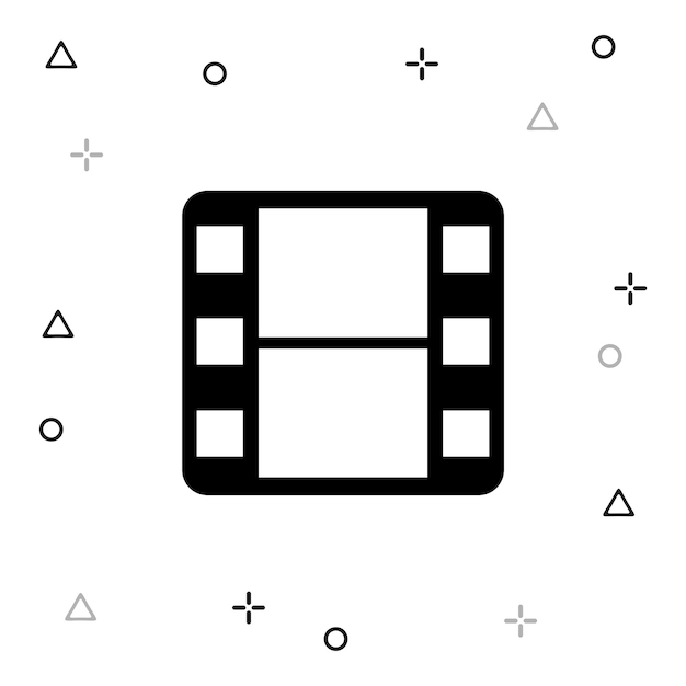 Icono de una película rodeado de diferentes pequeñas formas como círculos, cuadrados y cruces