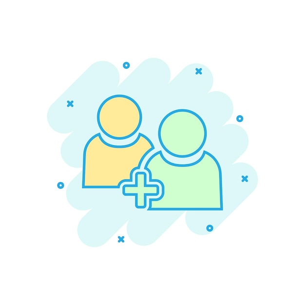 Icono de perfil de usuario de comunicación de personas en estilo cómico Personas con pictograma de ilustración de dibujos animados de vector de signo más Efecto de salpicadura de concepto de negocio de asociación
