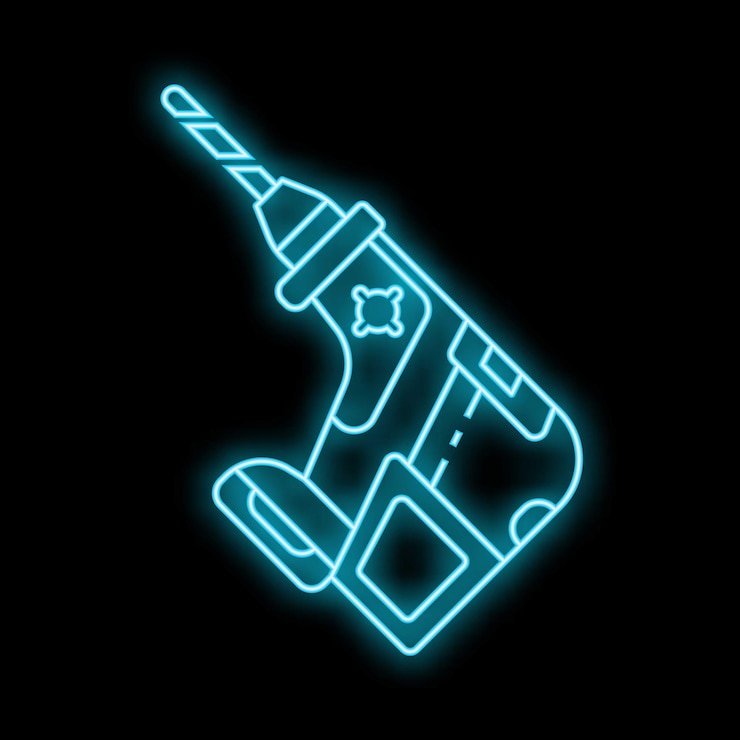 Vector icono de perforación eléctrica de línea de neón brillante aislado en fondo negro ilustración vectorial de herramienta de reparación