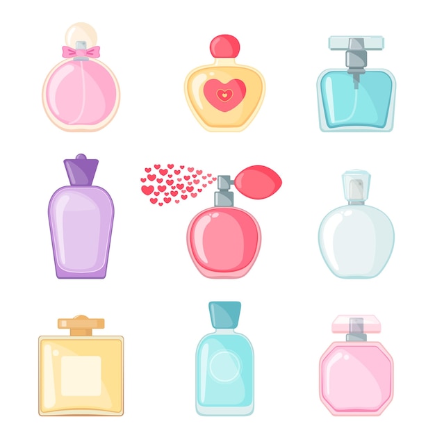 Vector icono de perfume vectorial establecido en estilo plano aislado sobre fondo blanco