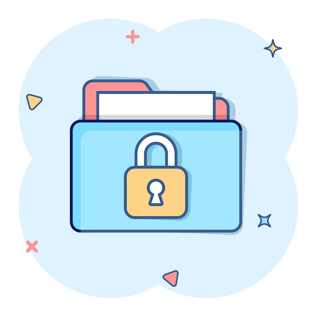 Icono de permiso de carpeta de archivos en estilo cómico Acceso a documentos ilustración vectorial de dibujos animados sobre fondo aislado Efecto de salpicadura de archivo secreto signo concepto de negocio