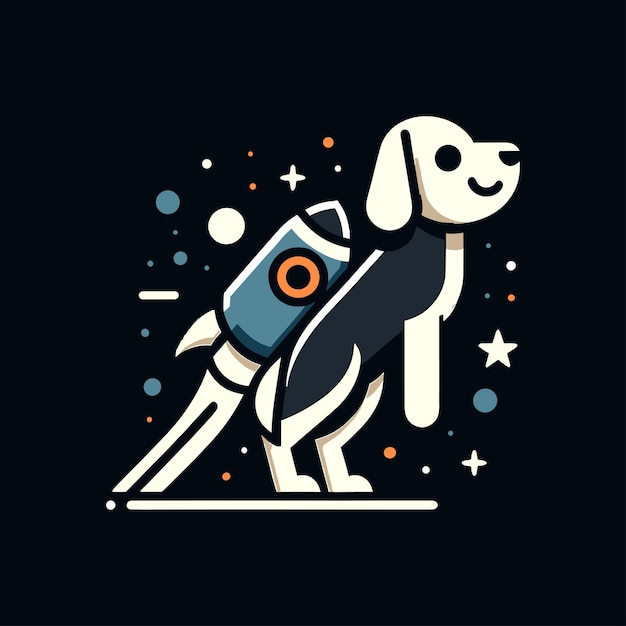 Icono de un perro de dibujos animados con un cohete azul en la espalda en un diseño simple logotipo de ilustración vectorial