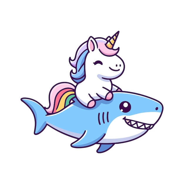 icono de personaje lindo unicornio montando tiburón