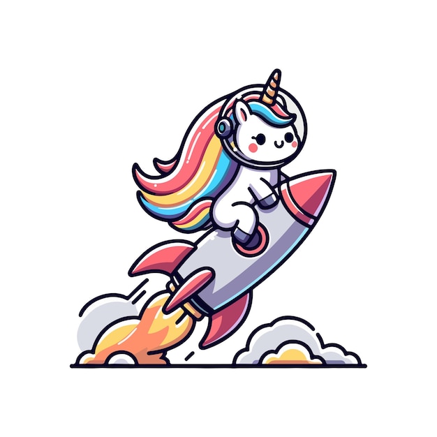 icono de personaje simpático unicornio montando un cohete espacial