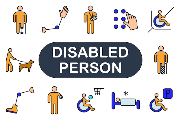 Icono para personas con discapacidad Guía de piernas protésicas Silla de ruedas para perros muletas Braille Ayuda auditiva Rampa accesible Rehabilitación de lesiones en el brazo Apoyo a la movilidad Terapia de discapacidad Atención médica