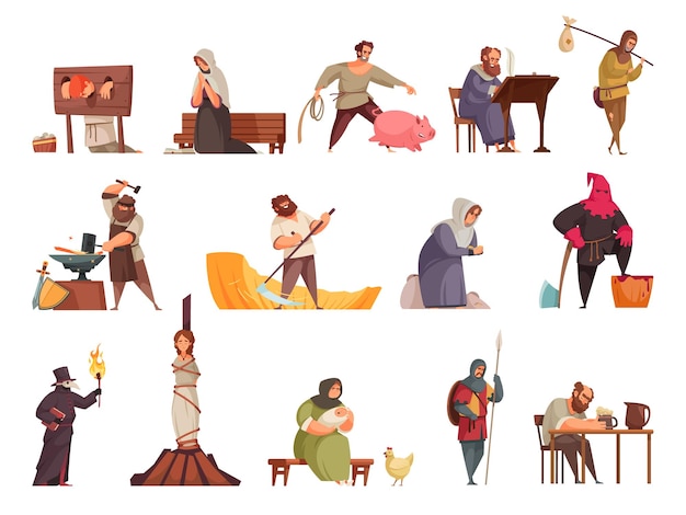 Ícono de personas medievales con atributos de las ejecuciones de la Edad Media quemando en juego campesinos ilustración vectorial