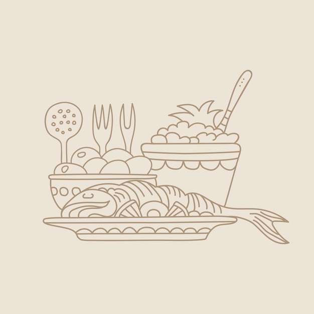 Icono de pescado y ensaladas dibujado a mano para recetas y menú de restaurante.