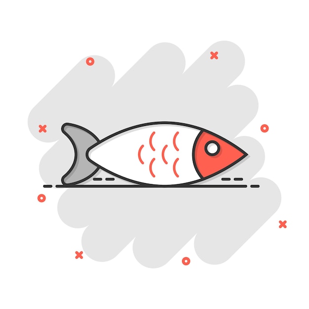 Vector icono de pescado en estilo cómic ilustración de vector de dibujos animados de mariscos sobre fondo blanco aislado concepto de negocio de efecto de salpicadura de animal marino