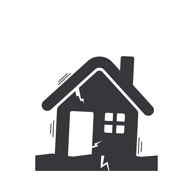 Icono de pictograma aislado de un terremoto con ilustraciones de un árbol de la casa y el suelo agrietado sy