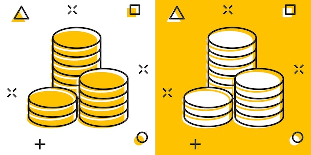 Icono de pila de monedas de dibujos animados de vector en estilo cómico Pictograma de ilustración de signo de moneda de dinero Concepto de efecto de salpicadura de negocio de dinero de moneda