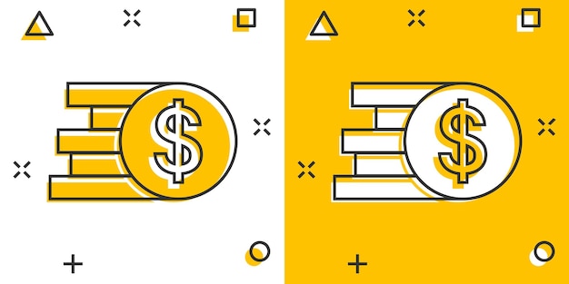 Icono de pila de monedas en estilo cómic Ilustración de vector de dibujos animados de moneda de dólar sobre fondo blanco aislado Concepto de negocio de efecto de salpicadura de dinero apilado