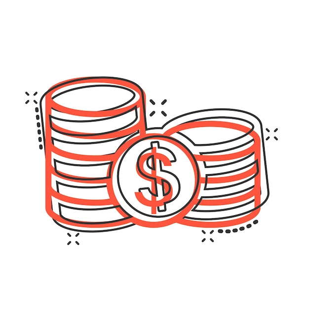 Vector icono de pila de monedas en estilo cómic ilustración de vector de dibujos animados de moneda de dólar sobre fondo blanco aislado concepto de negocio de efecto de salpicadura de dinero apilado