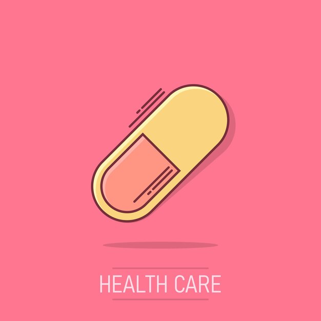 Icono de píldora de dibujos animados de vector en estilo cómico Pictograma de ilustración de concepto de tableta Concepto de efecto de salpicadura de negocio médico de cápsula