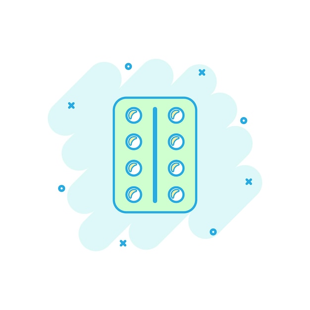 Icono de píldora de dibujos animados de vector en estilo cómico Pictograma de ilustración de concepto de tableta Concepto de efecto de salpicadura de negocio médico de cápsula