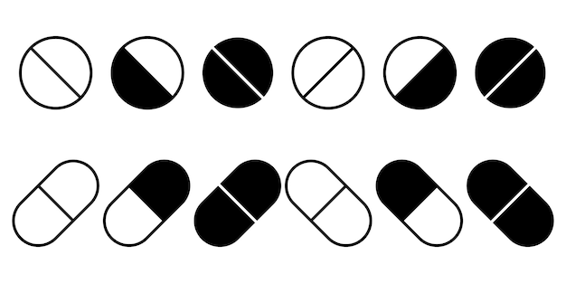 Icono de píldoras vectoriales establece medicamento y símbolo farmacéutico