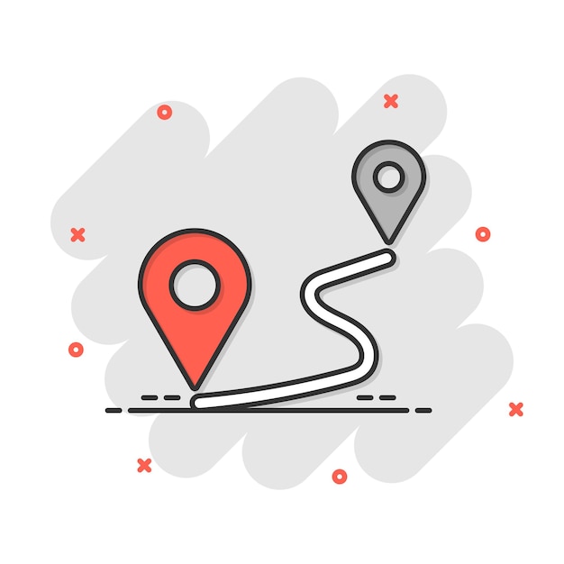 Icono de pin de distancia en estilo cómico Ilustración de dibujos animados de vector de navegación GPS sobre fondo blanco aislado Efecto de salpicadura de concepto de negocio de viaje de comunicación