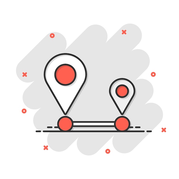 Icono de pin de distancia en estilo cómico Ilustración de dibujos animados de vector de navegación GPS sobre fondo blanco aislado Efecto de salpicadura de concepto de negocio de viajes de comunicación