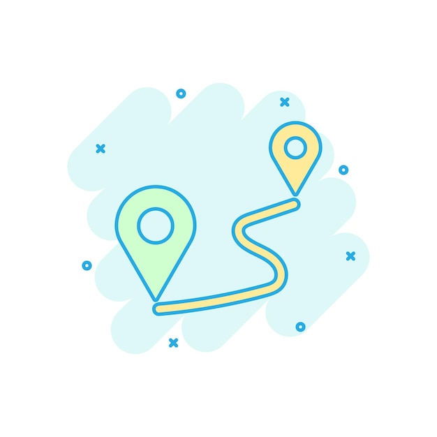Icono de pin de distancia en estilo cómico Ilustración de dibujos animados de vector de navegación GPS sobre fondo blanco aislado Efecto de salpicadura de concepto de negocio de viajes de comunicación