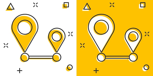 Icono de pin de distancia en estilo cómico Ilustración de dibujos animados de vector de navegación GPS sobre fondo blanco aislado Efecto de salpicadura de concepto de negocio de viajes de comunicación