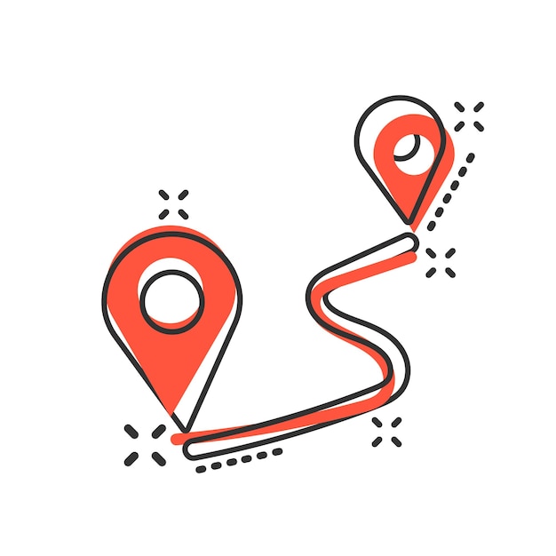 Icono de pin de distancia en estilo cómico Ilustración de dibujos animados de vector de navegación GPS sobre fondo blanco aislado Efecto de salpicadura de concepto de negocio de viajes de comunicación