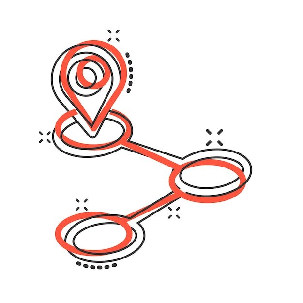 Icono de pin de mapa en estilo cómico Ilustración de vector de dibujos animados de navegación GPS sobre fondo blanco aislado Localice el concepto de negocio de efecto de salpicadura de posición