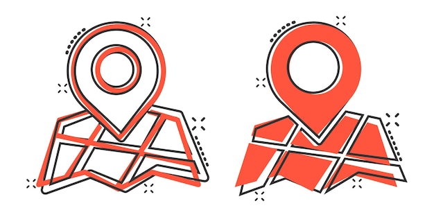 Icono de pin de mapa en estilo cómico Ilustración de vector de dibujos animados de navegación GPS sobre fondo blanco aislado Localice el concepto de negocio de efecto de salpicadura de posición