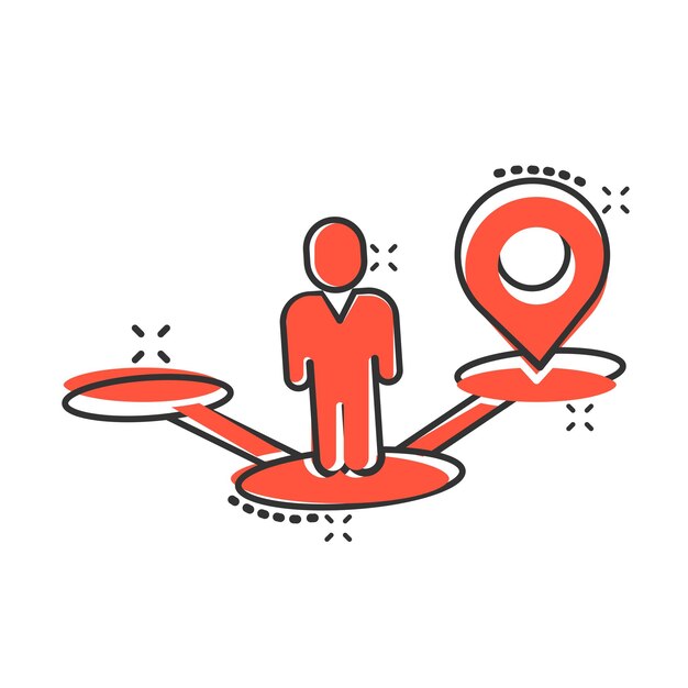Icono de pin de mapa en estilo cómico Ilustración de vector de dibujos animados de navegación GPS sobre fondo blanco aislado Localice el concepto de negocio de efecto de salpicadura de posición