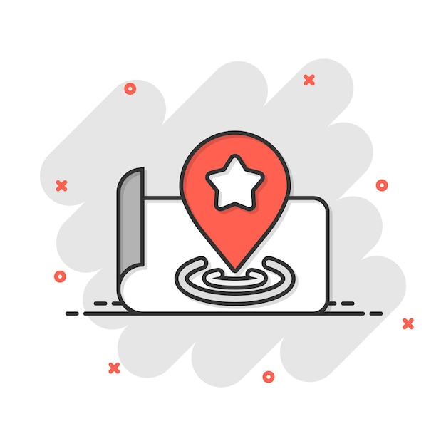 Icono de pin de mapa en estilo cómico Ilustración de vector de dibujos animados de navegación GPS sobre fondo blanco aislado Localice el concepto de negocio de efecto de salpicadura de posición