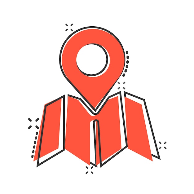 Icono de pin de mapa en estilo cómico Ilustración de vector de dibujos animados de navegación GPS sobre fondo blanco aislado Localice el concepto de negocio de efecto de salpicadura de posición