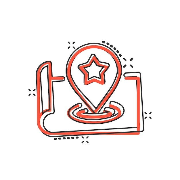 Icono de pin de mapa en estilo cómico Ilustración de vector de dibujos animados de navegación GPS sobre fondo blanco aislado Localice el concepto de negocio de efecto de salpicadura de posición