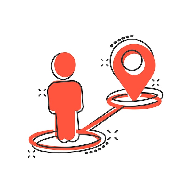 Icono de pin de mapa en estilo cómico Ilustración de vector de dibujos animados de navegación GPS sobre fondo blanco aislado Localice el concepto de negocio de efecto de salpicadura de posición