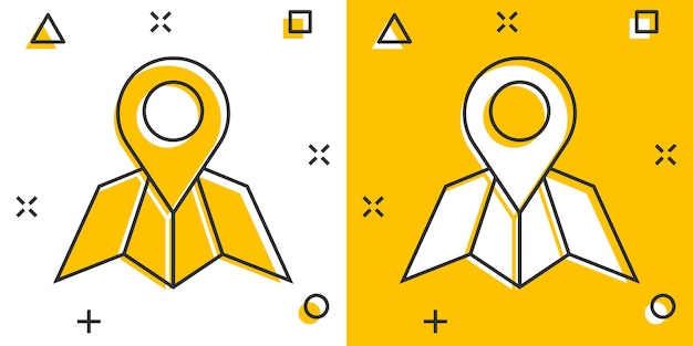 Icono de pin de mapa en estilo cómico Ilustración de vector de dibujos animados de navegación GPS sobre fondo blanco aislado Localizar posición efecto de salpicadura concepto de negocio