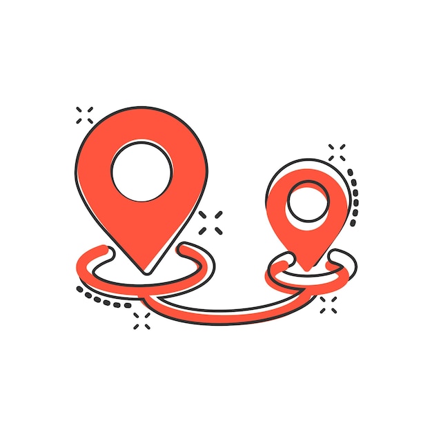 Icono de pin de mapa en estilo cómico Ilustración de vector de dibujos animados de navegación GPS sobre fondo blanco aislado Localizar posición efecto de salpicadura concepto de negocio