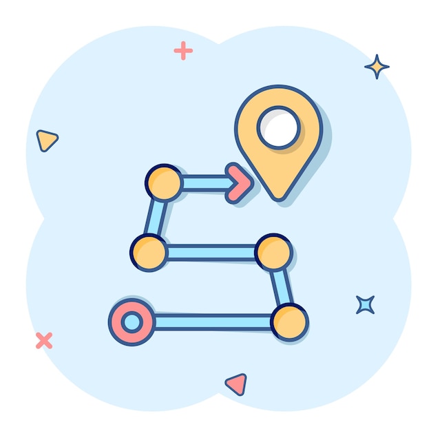 Icono de pin de mapa en estilo cómico Ilustración de vector de dibujos animados de navegación GPS sobre fondo blanco aislado Localizar posición efecto de salpicadura concepto de negocio
