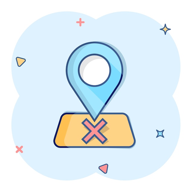 Icono de pin de mapa en estilo cómico Ilustración de vector de dibujos animados de navegación GPS sobre fondo blanco aislado Localizar posición efecto de salpicadura concepto de negocio